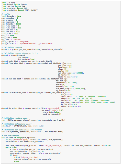 Implementing the above distributions with the traffic demand back-end module and running a reinforcement learning data centre simulation environment to train an agent to schedule the flows of machine learning jobs in a fat-tree topology data centre network.